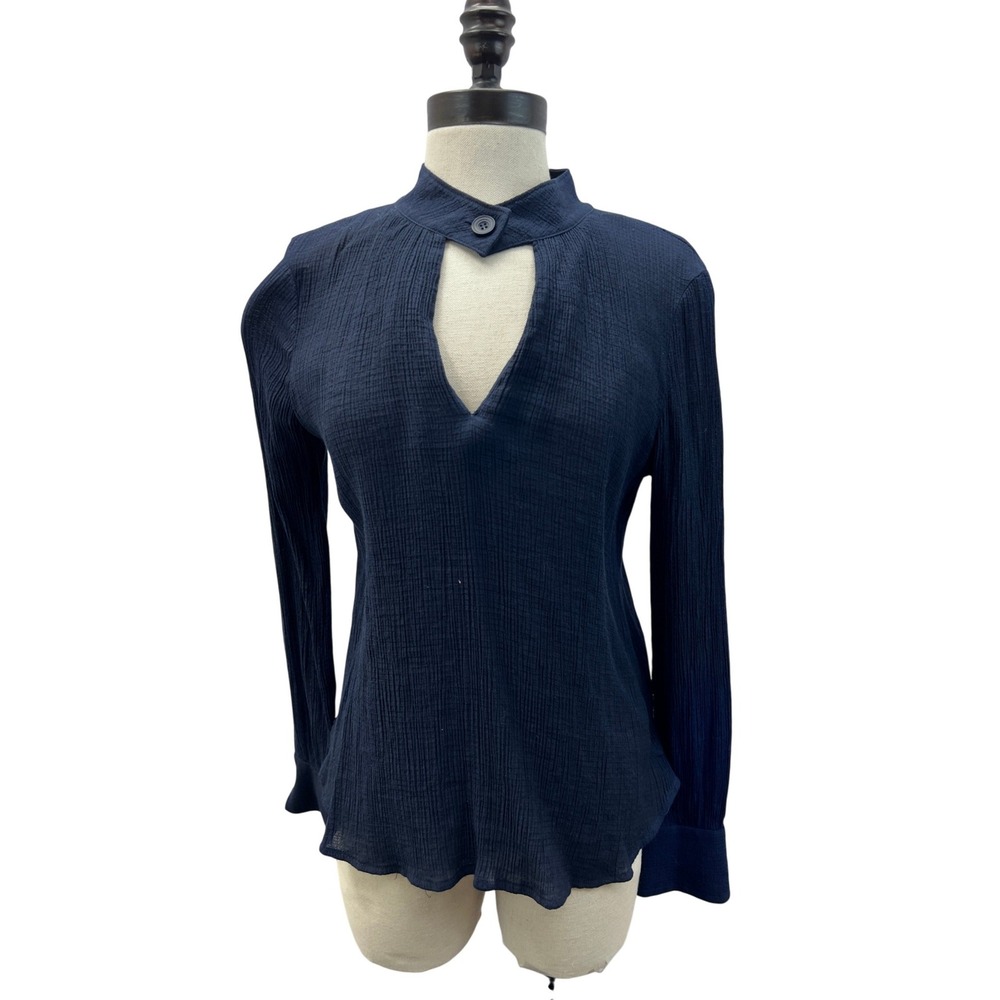 David Lerner Blouse Womens‎ S Navy Blue Excellent Cutout Keyhole Neck Gauze Top